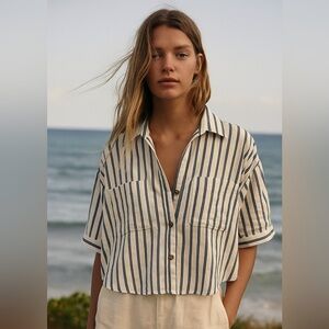 Zara blue striped linen blend crop relaxed top size M